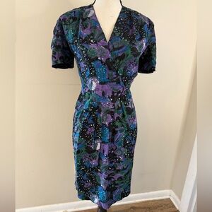Oops California midi dress abstract floral purple green black pattern SZ Medium